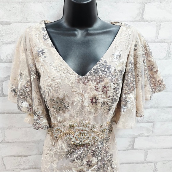 Mac Duggal Women 12 Sequin Beaded Lace Flutter Sleeve Maxi Gown Taupe Champagne - Picture 2 of 14